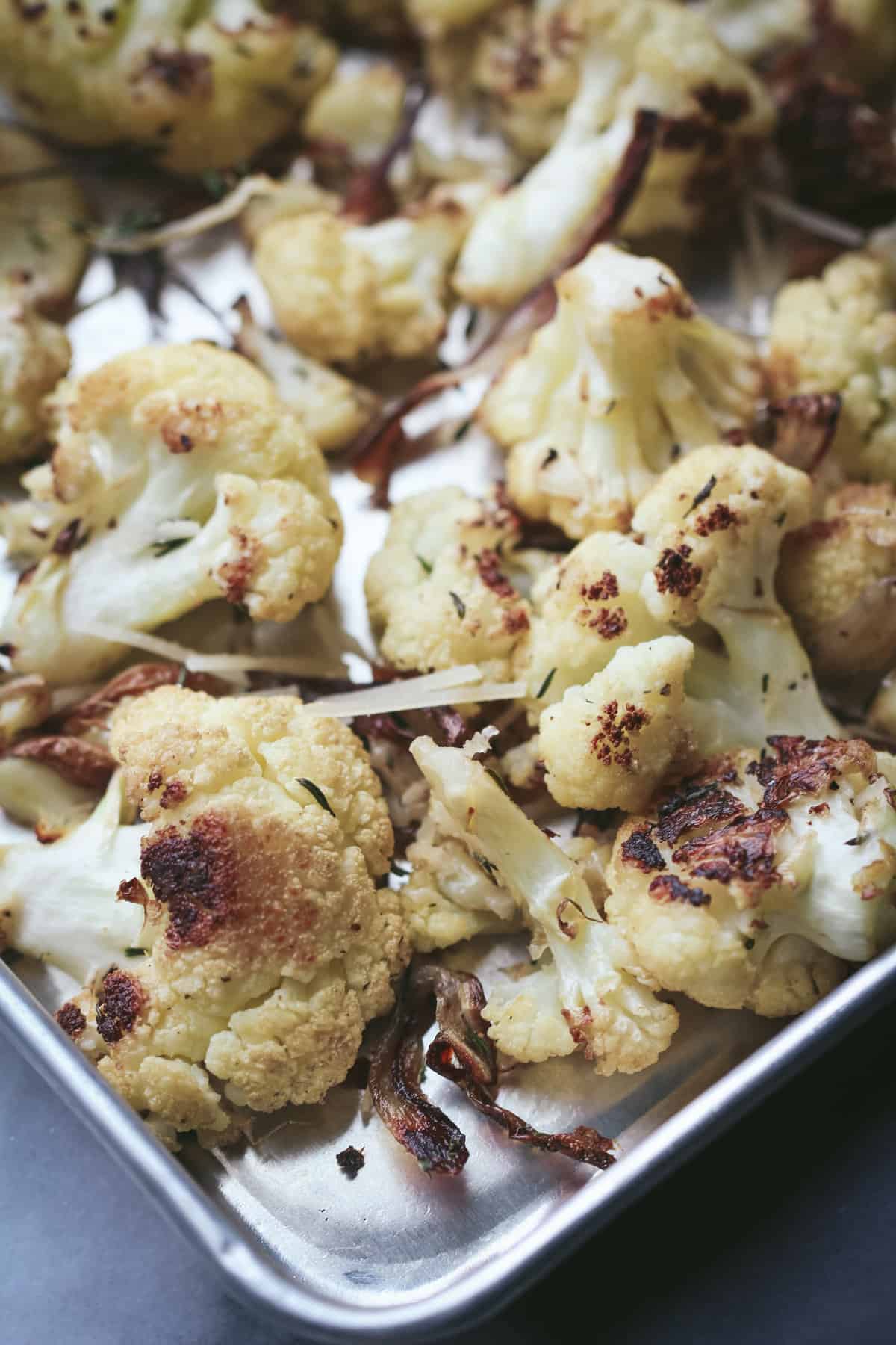 Garlic Parmesan roasted cauliflower on sheet pan