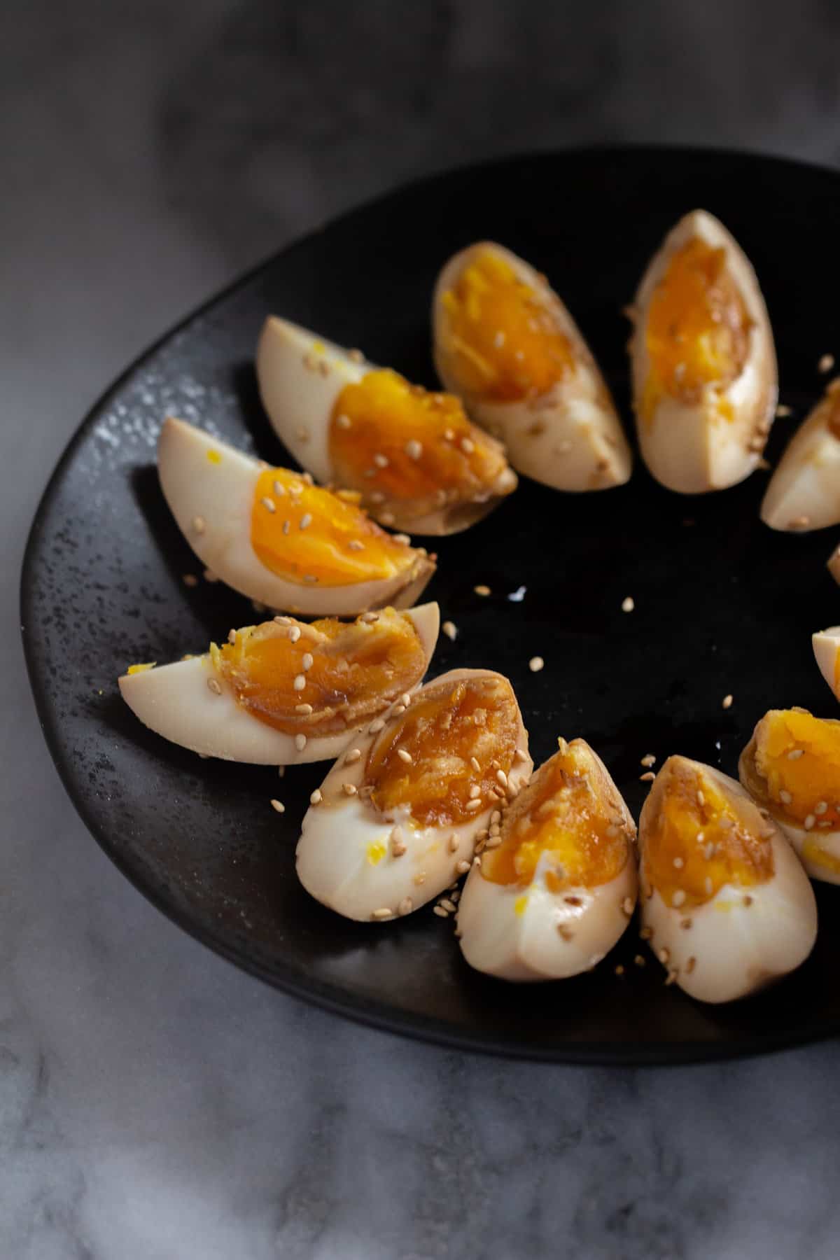 Sliced boiled eggs on a plate