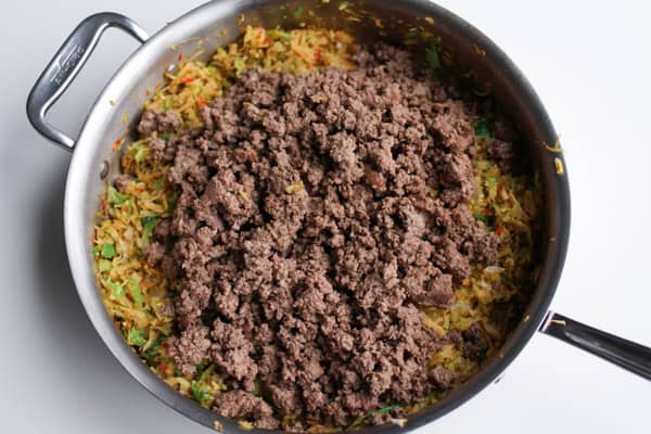 Cabbage and ground beef in a skillet 