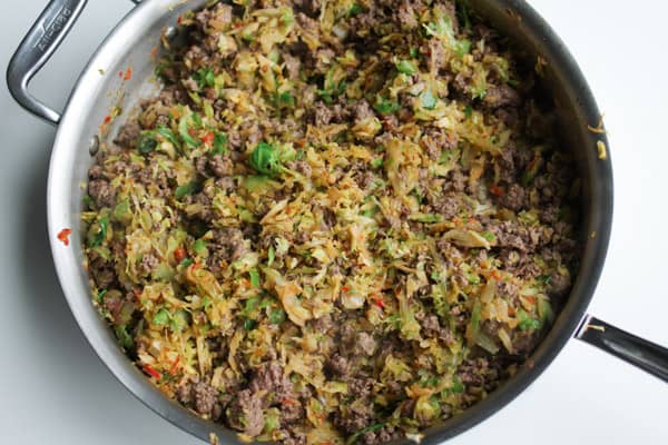 Egg roll in a bowl in a pan