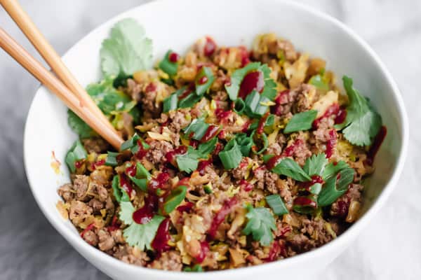 Keto Egg Roll in a Bowl with chopsticks 