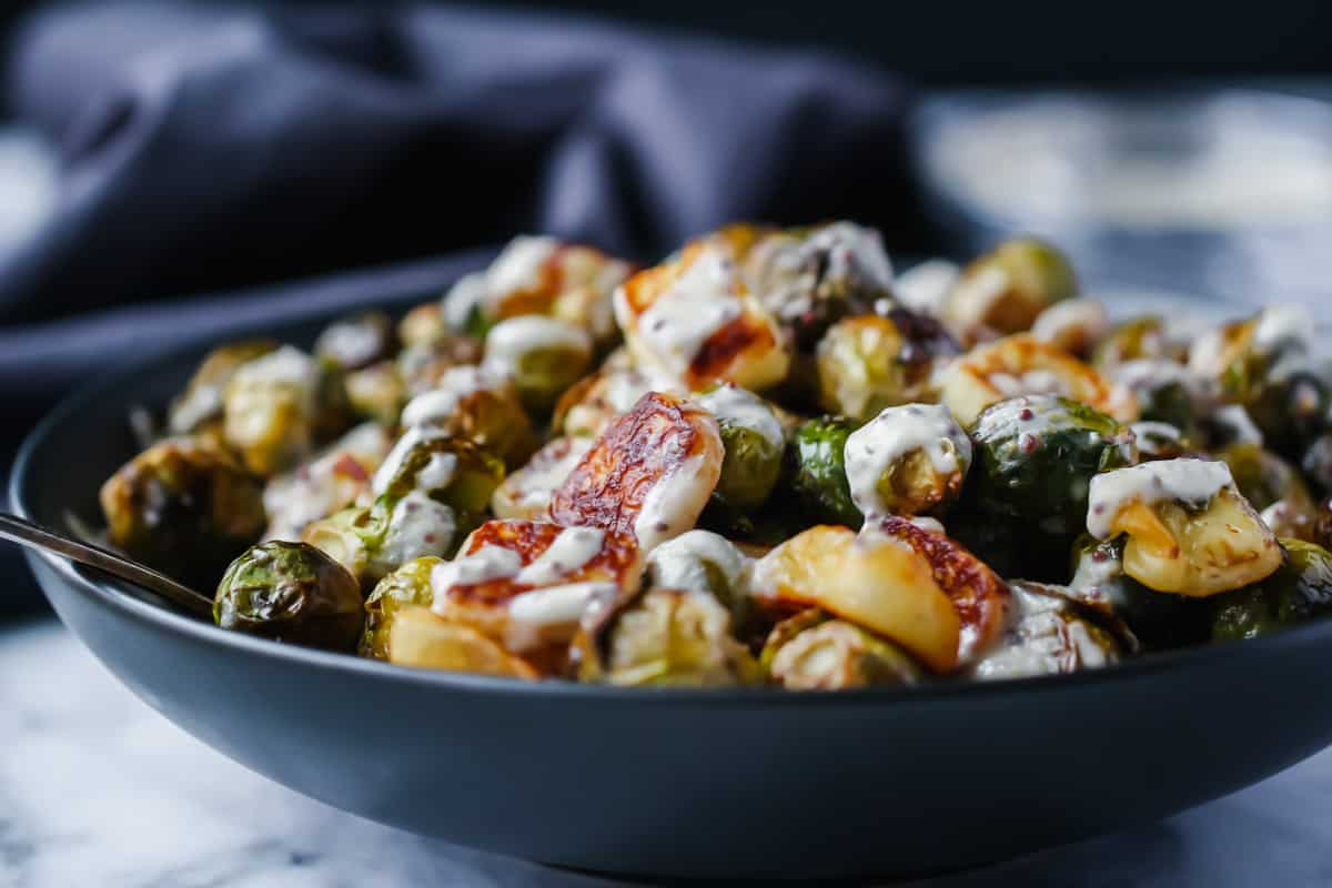 Halloumi Brussels Sprouts with Mustard Creme Sauce