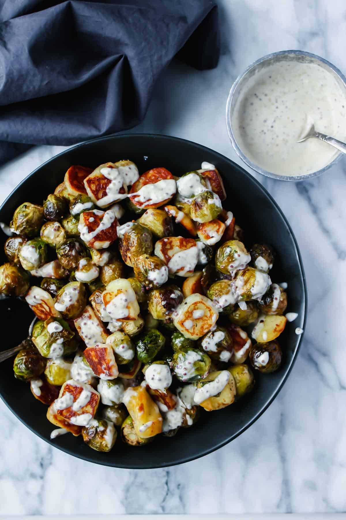 Halloumi Brussels Sprouts with Mustard Creme Sauce