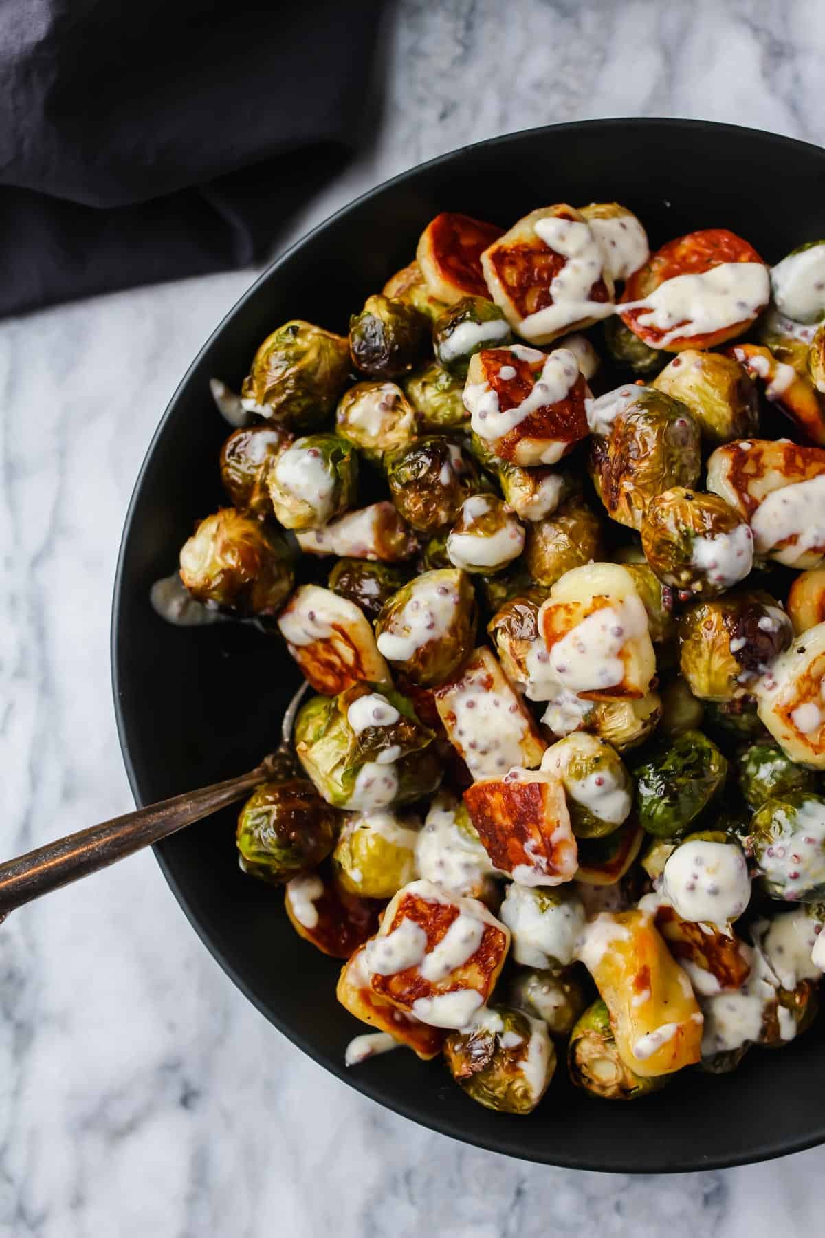 Halloumi Brussels Sprouts with Mustard Creme Sauce