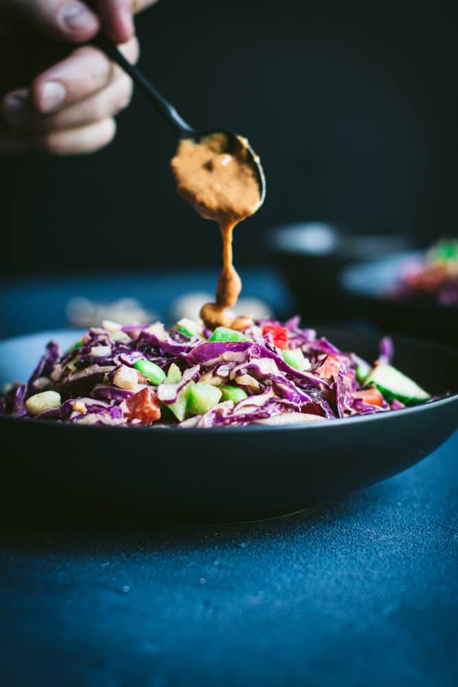 rainbow slaw with peanut butter dressing 