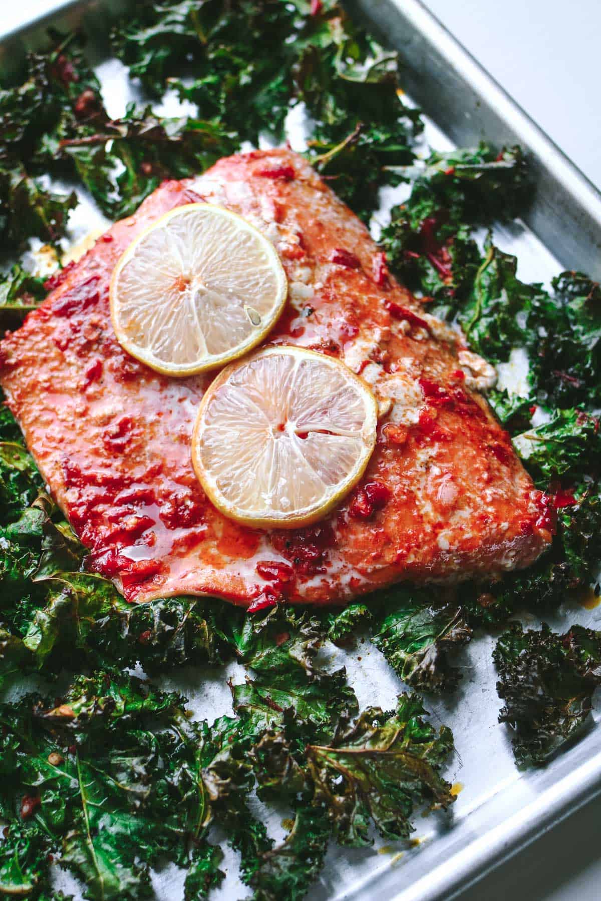 salmon with harissa and kale 