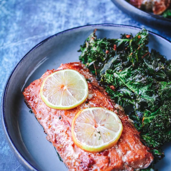 salmon with harissa and kale