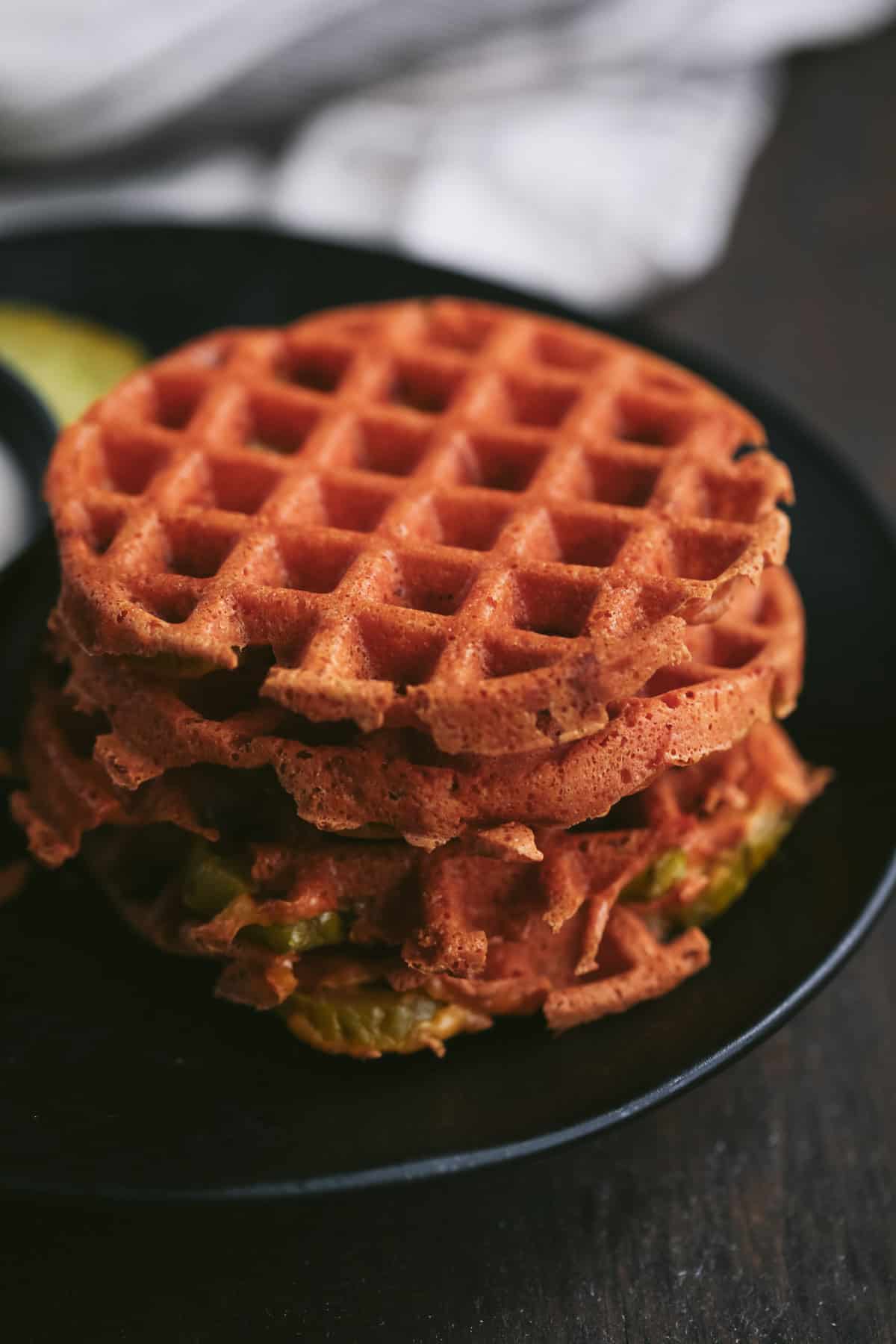 keto fried pickle chaffles on plate 
