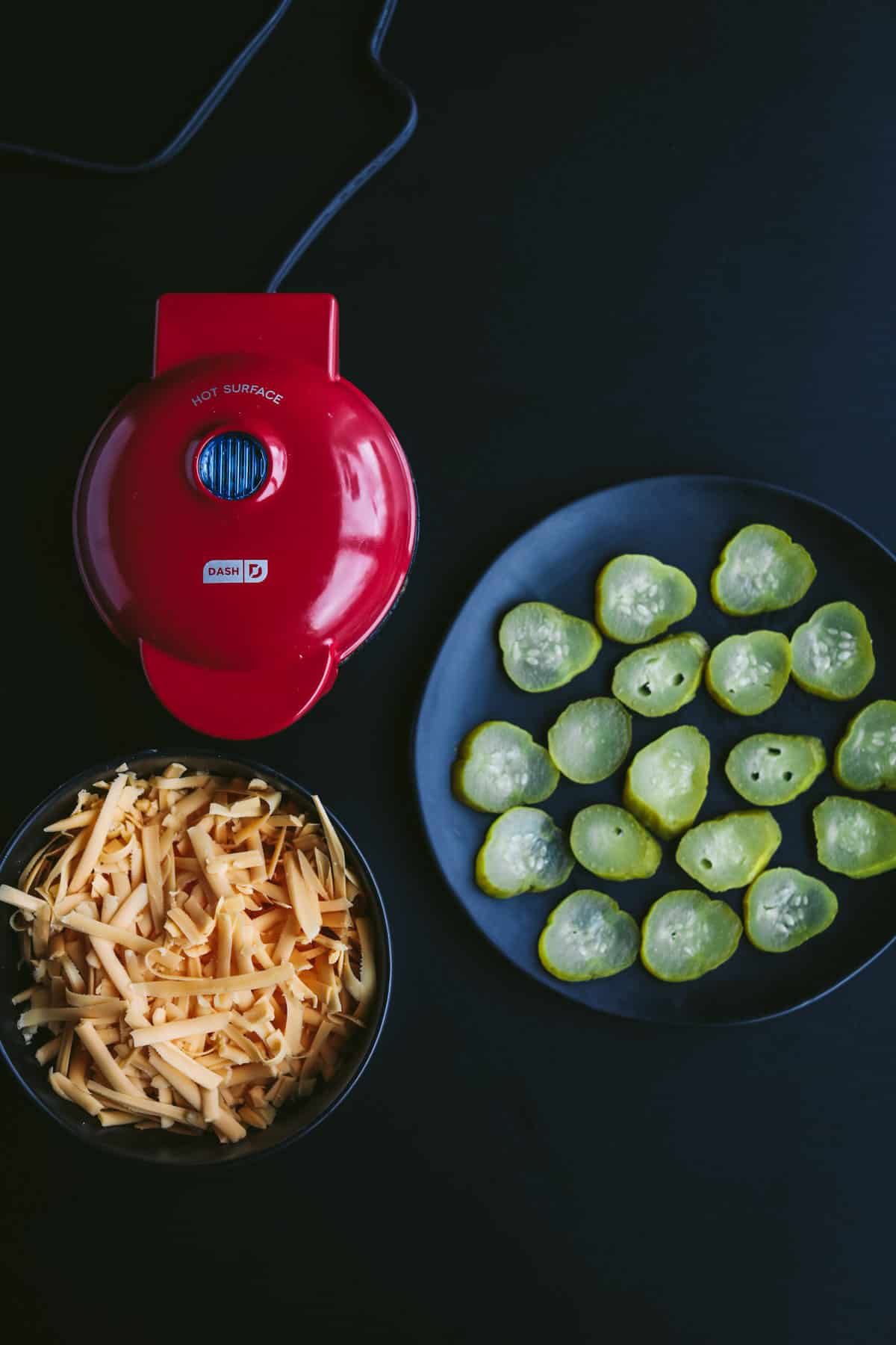 waffle maker, pickles and cheese 