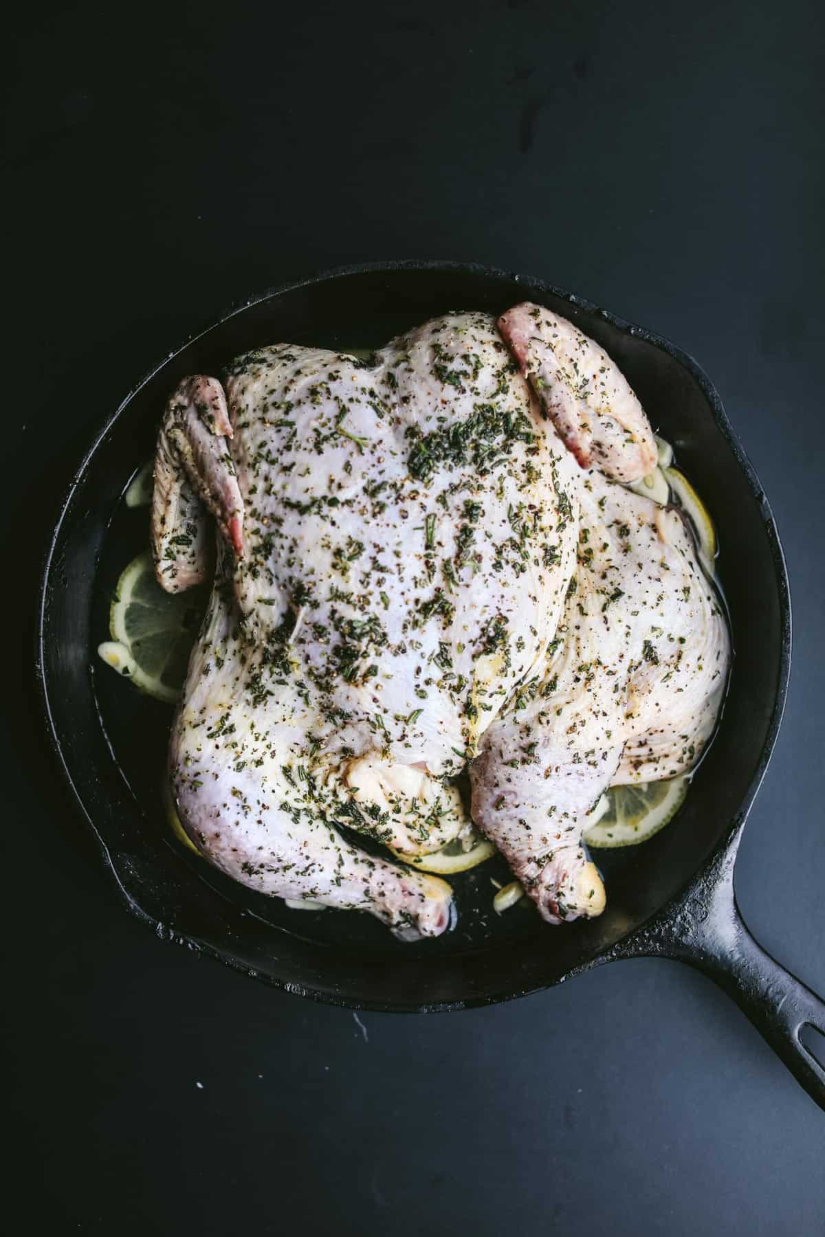 raw chicken in a cast iron pan 