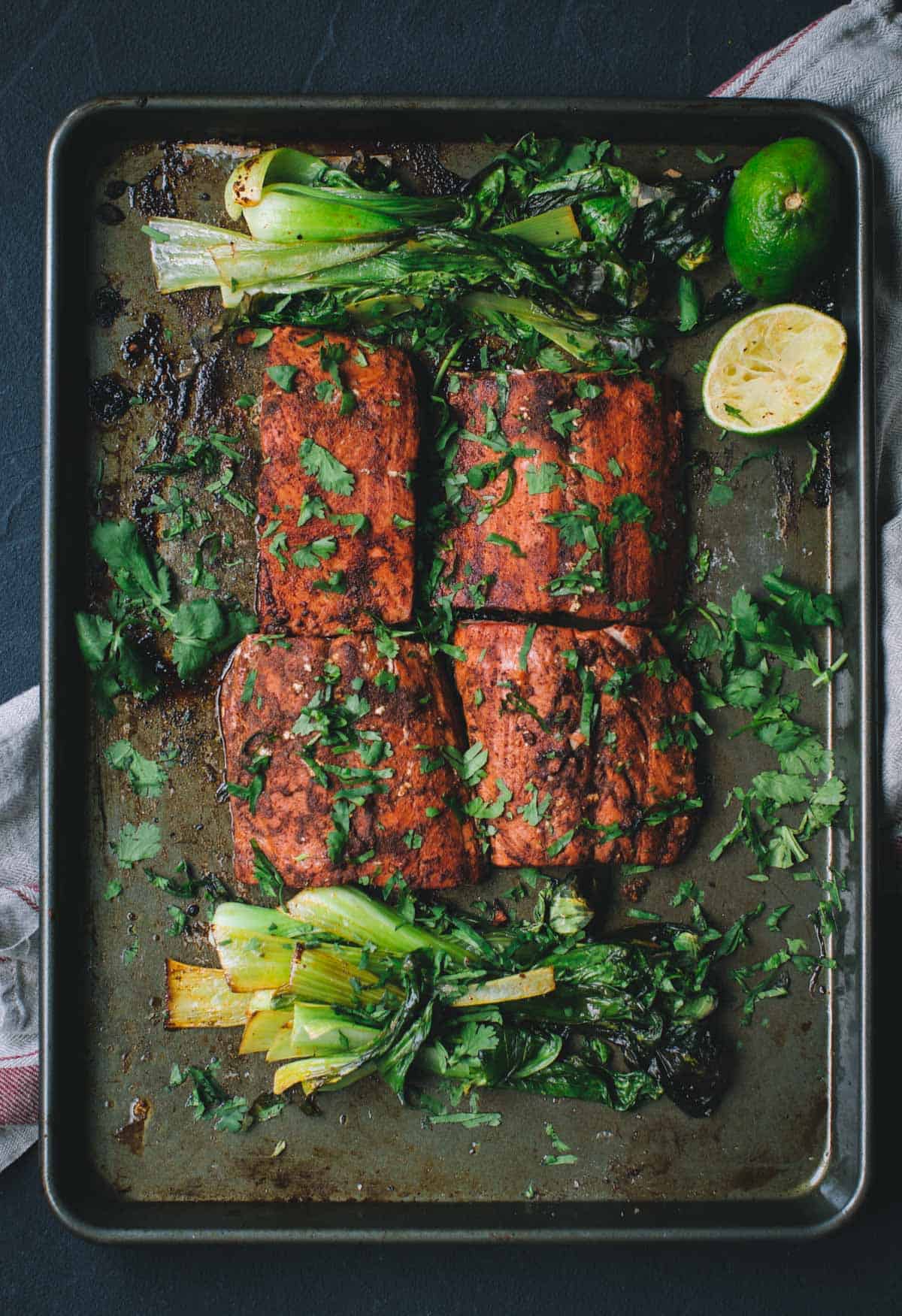 Salmon and veggies in a sheet pan.