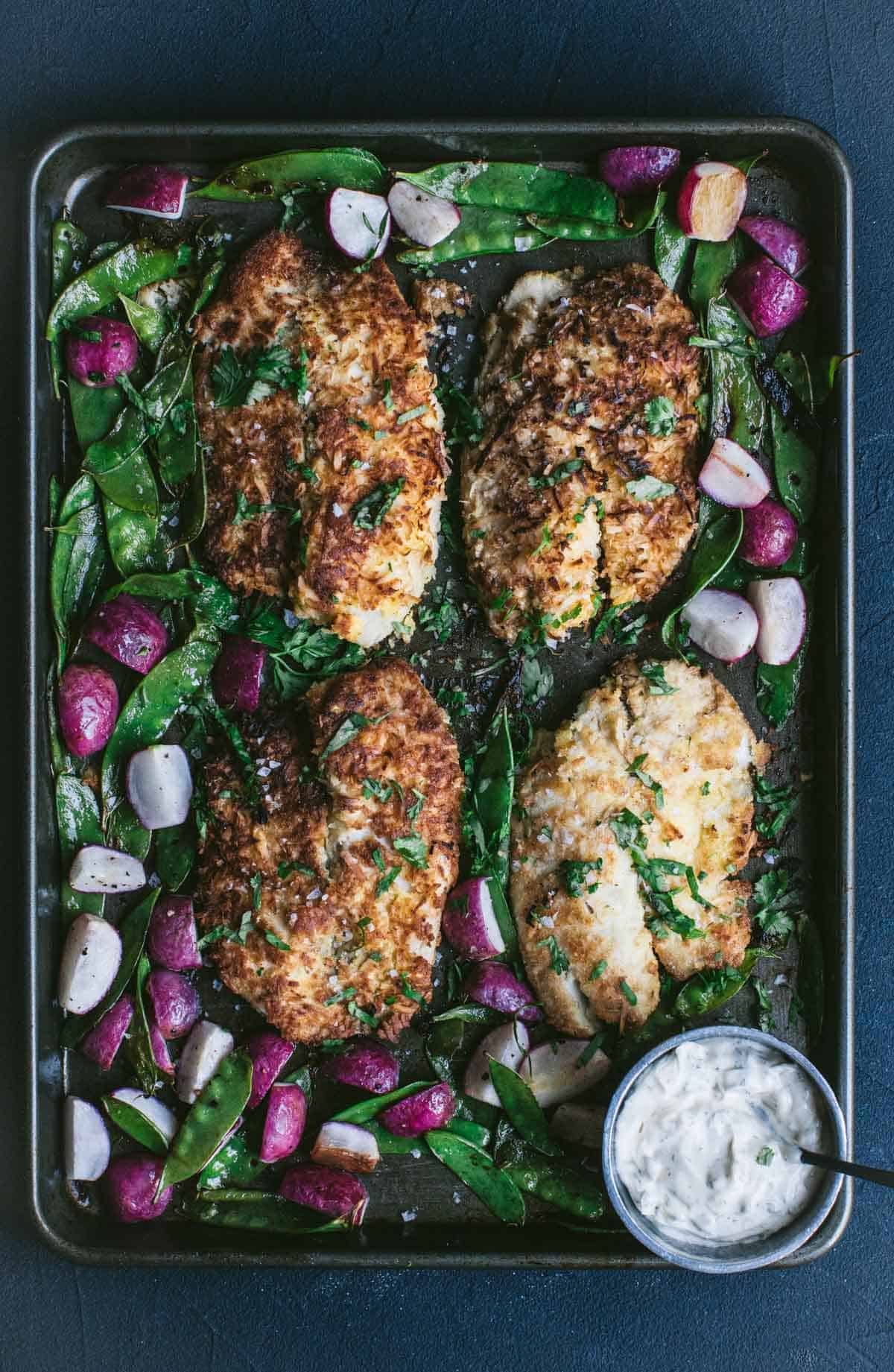 Keto Coconut Crusted Fish with Snap Peas and Radishes