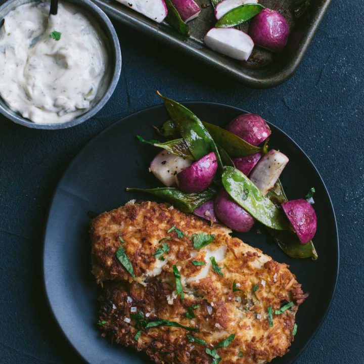 Keto Coconut Crusted Fish with Snap Peas and Radishes