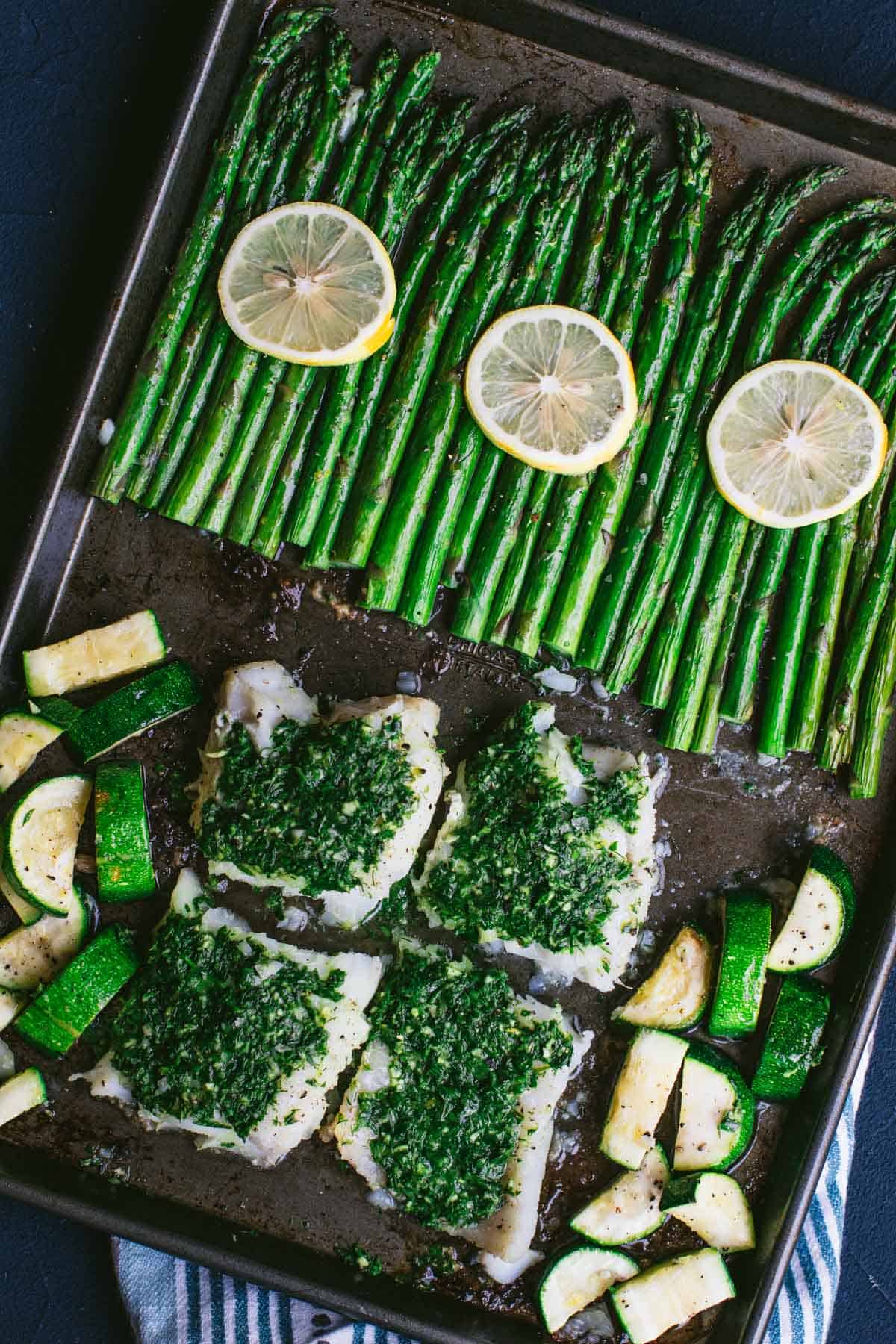 Keto baked Cod with Green veggies on a sheet pan