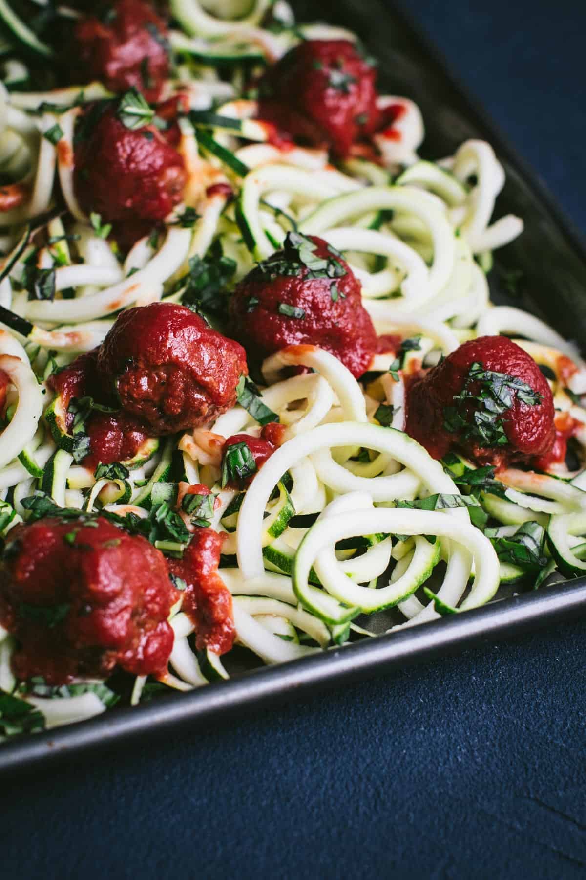 Clean Keto Zoodles with Meatballs in sheet pan