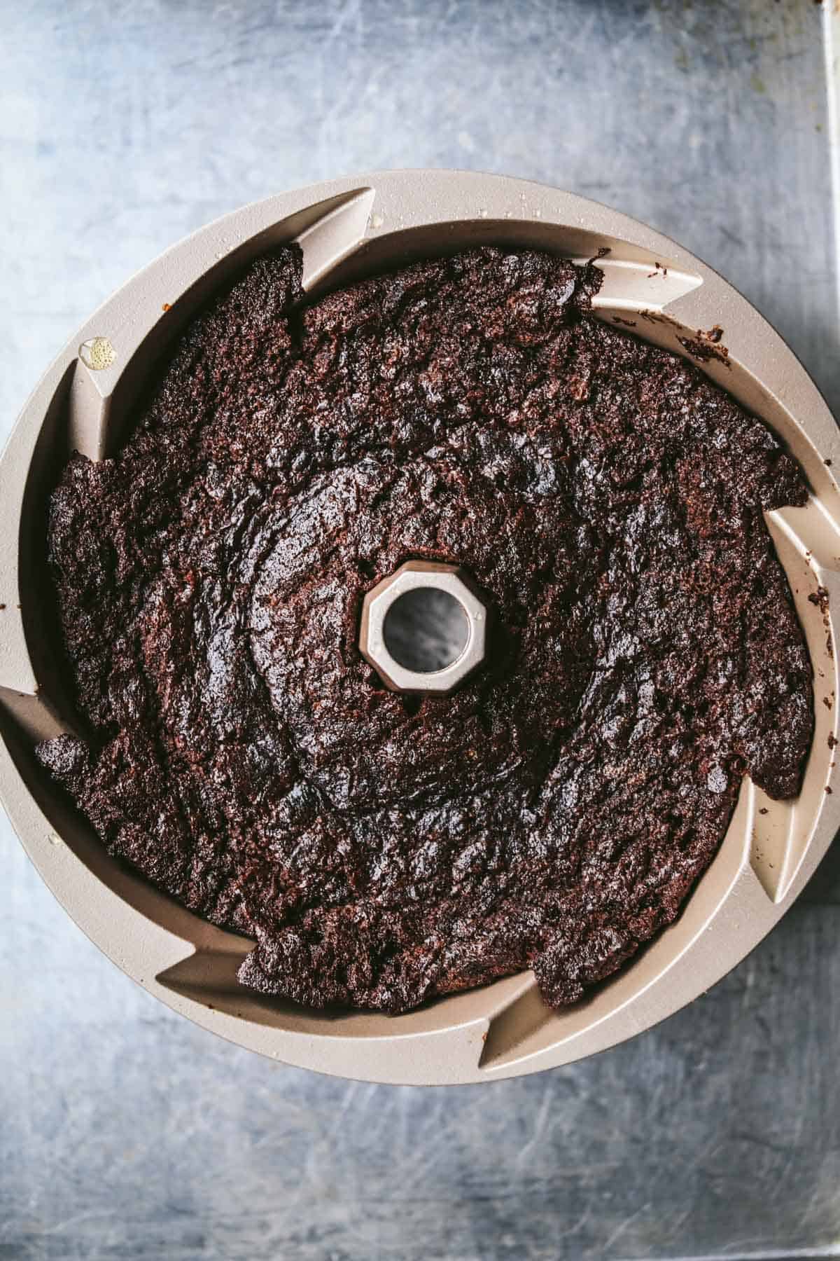 Baked keto chocolate cake in a cake pan