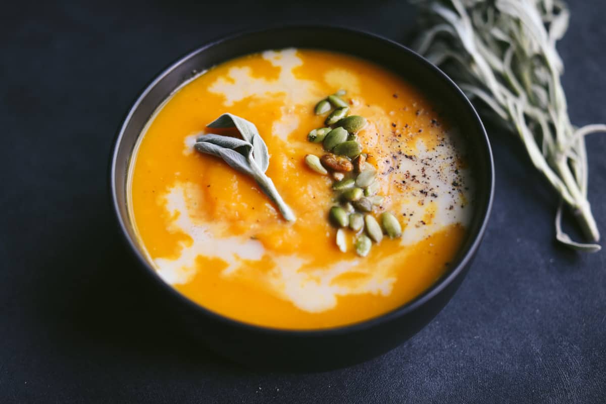 roasted squash soup in a bowl